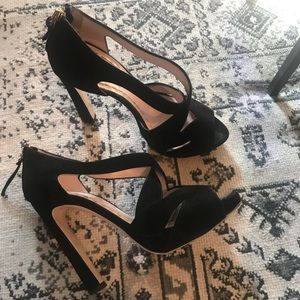 Miu Miu black suede cross cross heels